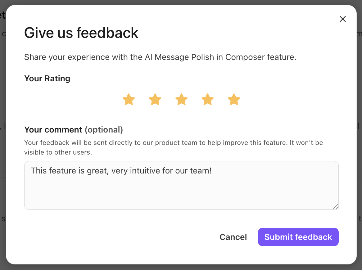 Feedback form displaying star ratings and comments for AI Message Polish feature.